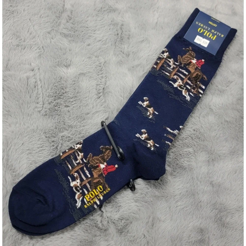 Polo Ralph Lauren Socks Mens 10-13 Navy Hunting Dog Horse Rider Mid Calf Crew